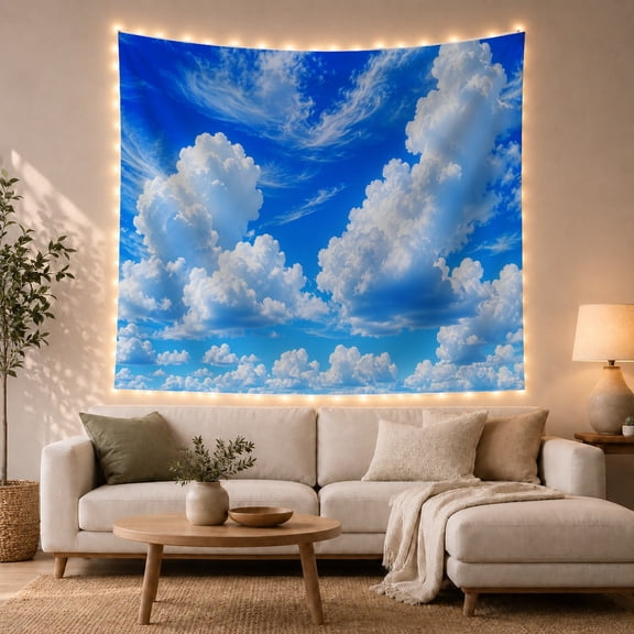 Billowing White Clouds Against a Vibrant Azure Sky, Serene Coastal for Nature Lovers, Scenic Wall Decor Artwork, Housewarming Gift Tapestry Wall Hanging for Bedroom and Living Room