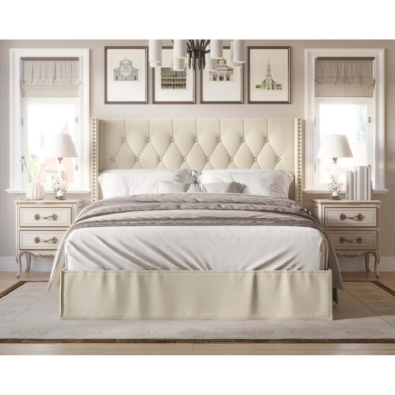 Beige Full Upholstered Panel Bed with Tufted Headboard and Nailhead Trim