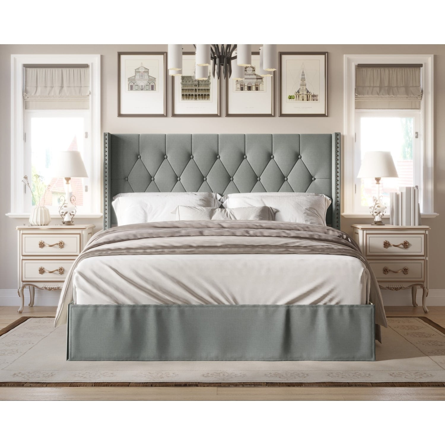 Gray Queen Upholstered Panel Bed with Tufted Headboard and Nailhead Trim