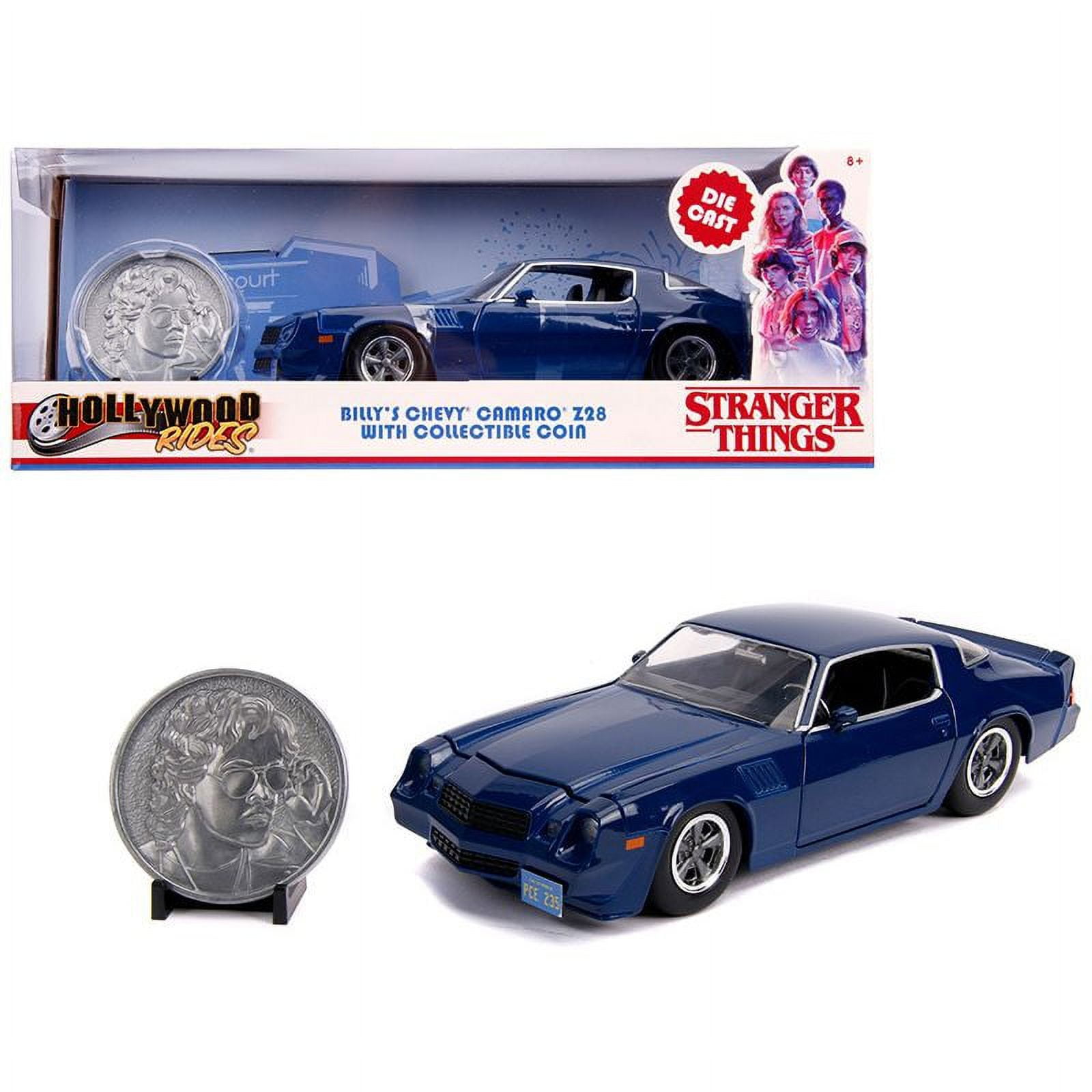 Billy's Chevrolet Camaro Z28 Dark Blue with Collectible Coin Stranger Things (2016) TV Series 1/24 Diecast Model Car by Jada