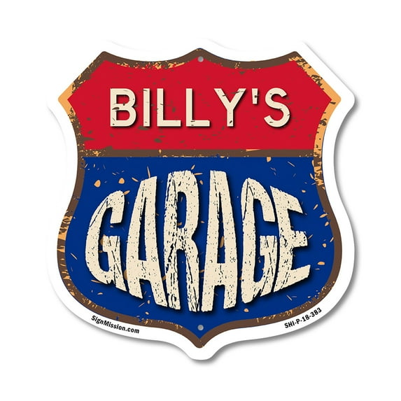 Billy's Garage 18 inch X 18 inch Shield Shaped Commercial Grade Plastic Sign Weather Resistant, UV Protected To last, Gift for Dads and Uncles Classic Americana Crafted in the USA