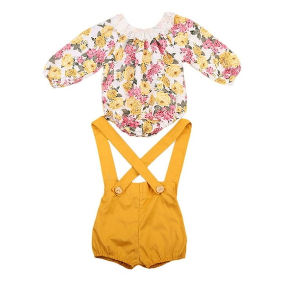 Bilo Baby Girl Long Sleeve Princess Flower Romper with Suspenders Short Pants 2 pcs Outfit (80/6-12 Months)