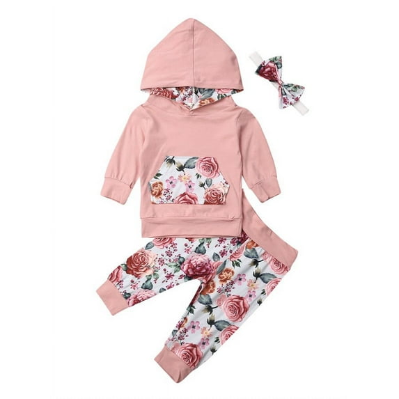 Bilo Infant Baby Girl Floral Pattern Long Sleeve Hoodie and Pants 3 pcs Cotton Outfit (Light Pink Floral, 6-12 Months)
