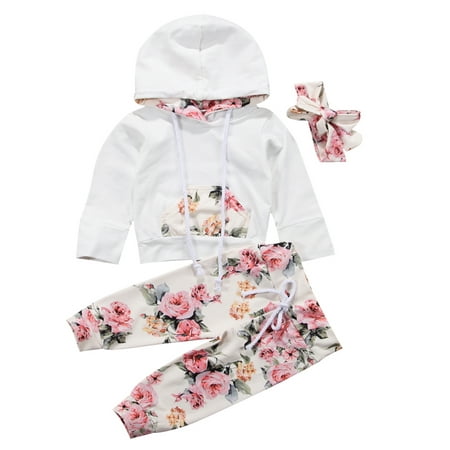 Bilo Store Infant Baby Girl Floral Pattern Long Sleeve Hoodie and Pants 3 pcs Cotton Outfit (70/3-6 Months,White+Headband)