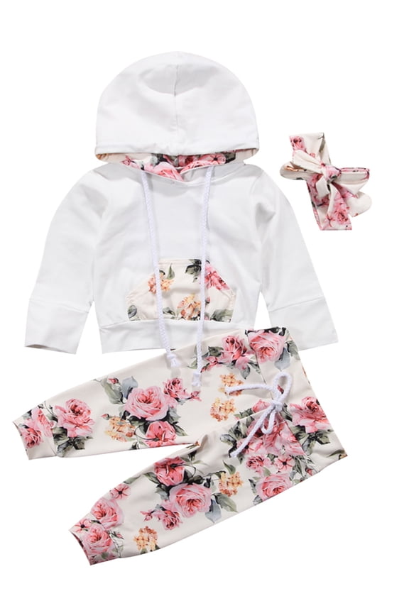 Infant Baby Girl Floral Pattern Long Sleeve Hoodie and Pants 3 pcs Cotton Outfit (70/3-6 Months,White+Headband)