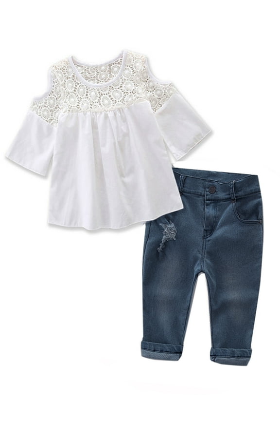 Bilo Sweet Girl Lace Design Off Shoulder 3/4 Sleeve Blouses and Jeans 2 pcs Outfit Set (3T)