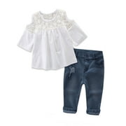 Bilo Sweet Girl Lace Design Off Shoulder 3/4 Sleeve Blouses and Jeans 2 pcs Outfit Set 5