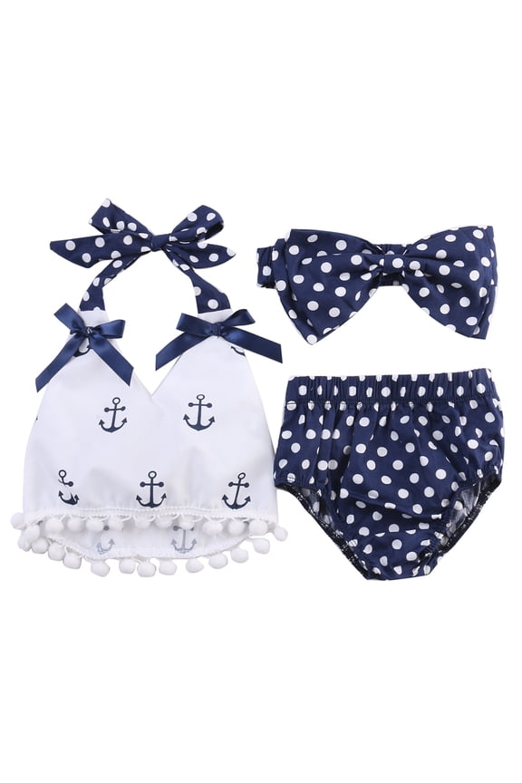 Bilo store Infant Baby Girl Anchor Top with Polka Dots Bloomers Sunsuit Clothing Set (3 pcs, 6-12 Months)
