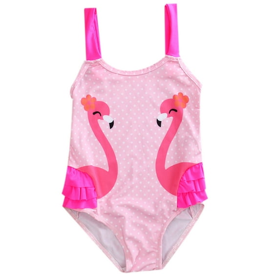 Bilo store Kid Girl One Piece Swan Print Ruffle Swimsuit Beachwear Bathing Suit (5, Pink)