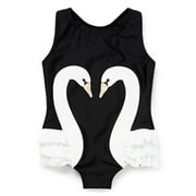 Bilo store Kid Girl One Piece Swan Print Ruffle Swimsuit Beachwear Bathing Suit (5)