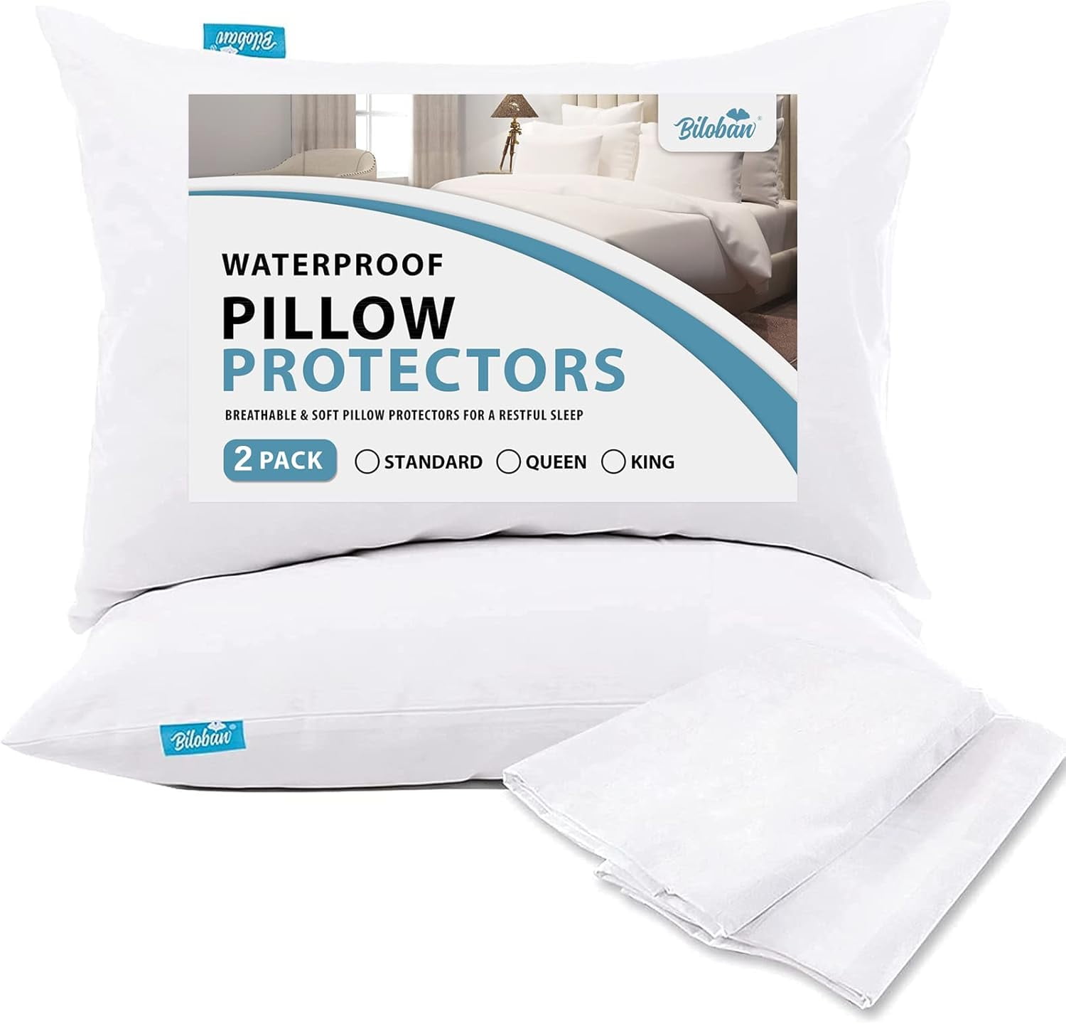 Biloban Pillow Protector Waterproof Queen Size Pillow Cases 4 Pack Skin-Friendly & Noiseless Pillow Encasement Zippered White Pillow Covers Machine Wash
