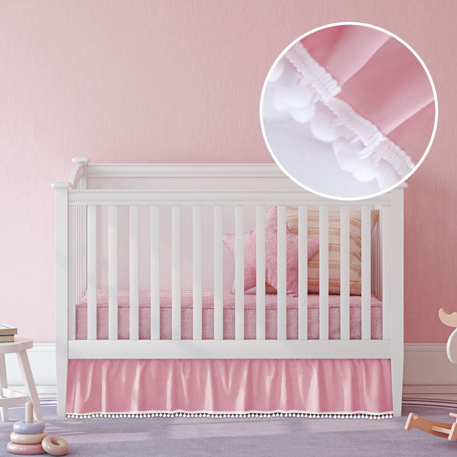 Biloban Pink Crib Skirt Pleated with White Lovely Pompoms Bedding Dust Ruffle for Baby Girls 14 Drop