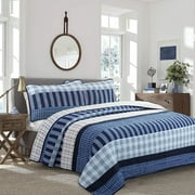 Bilot 100% Cotton Plaids and Stripes Patchwork Boy Reversible Quilt Bedding Set, All-Season Coverlet Bedspread Navy Orange, Queen - 3 Piece