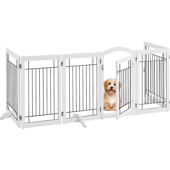 Bilot 123'' Extra Wide Pet Gate with Door Freestanding Dog Gate for Doorways 6 Panels Pet Dog Gate Indoor with 3PCS Support Feet, 123'' x 32'' White