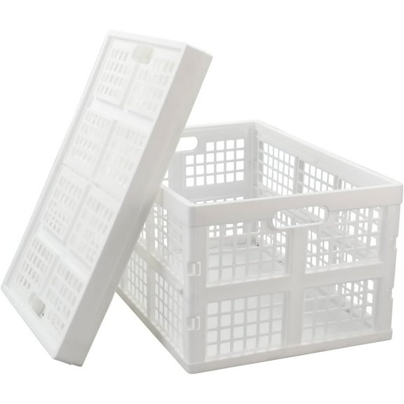 Bilot 2-Pack Large Plastic Collapsible Storage Crate, 42 L Folding Storage Basket, White