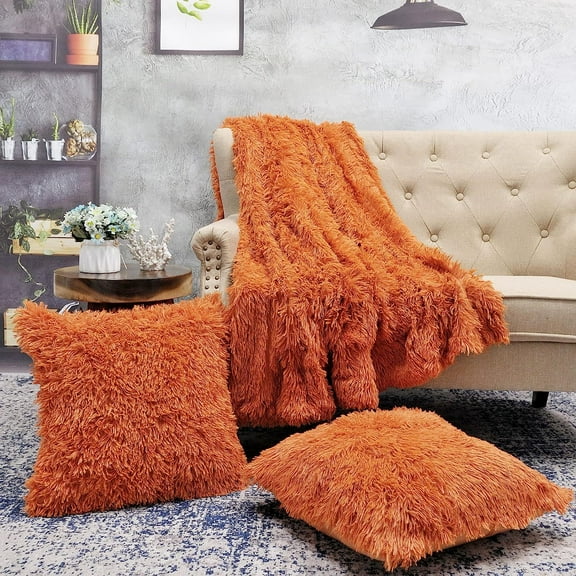 Bilot 3 Piece Shaggy Throw Blanket Pillow Covers Set Fluffy Warm Cozy Plush Decorative Throw Square Couch Cushion Cover, Burnt Orange, 50'' x 60''