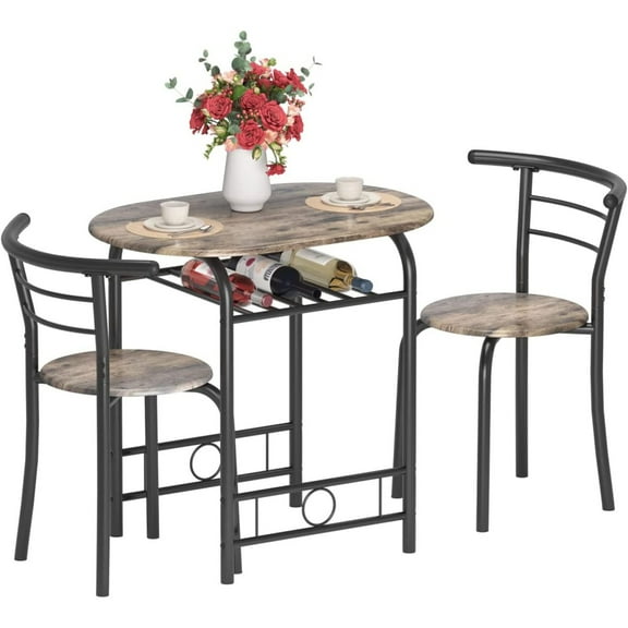 Bilot 3 Pieces Dining Set for 2 Small Kitchen Breakfast Table Set Space Saving Wooden Chairs and Table Set for Apartment Dining Room with Metal Frame and Wine Rack,Walnut