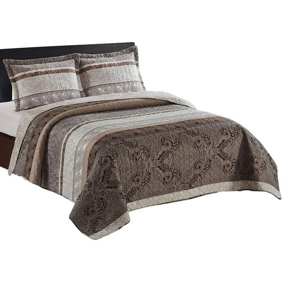 Bilot 7PC King Size Bedding Set- Callisto Taupe Lightweight Quilt with Solid Ivory Microfiber Bed