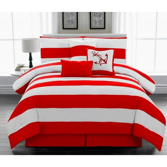 Bilot 7pc. Microfiber Nautical Themed Comforter Set, Red and White Striped King Size