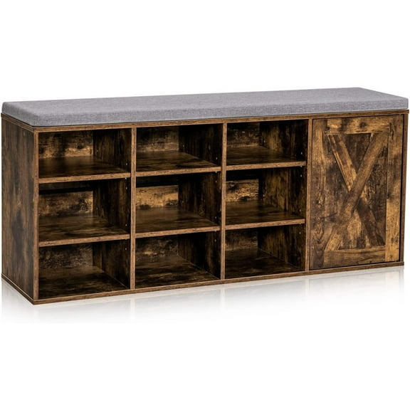 Bilot 9 Cubes Shoe Bench with Storage, Adjustable Shelves Storage Bench Rack with Removable Padded Cushion, 3 Tier Shoe Storage Bench with Cabinet for Entryway, Hallway, Rustic Brown