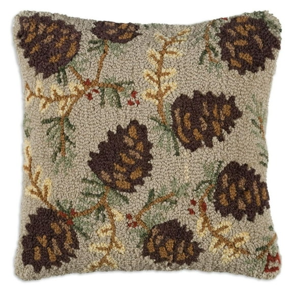 Bilot Artist-Designed Northwoods Cones Hand-Hooked Wool Decorative Throw Pillow (18 x 18)