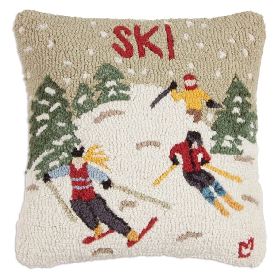 Bilot Artist-Designed Ski Hand-Hooked Wool Decorative Throw Pillow (18 x 18)