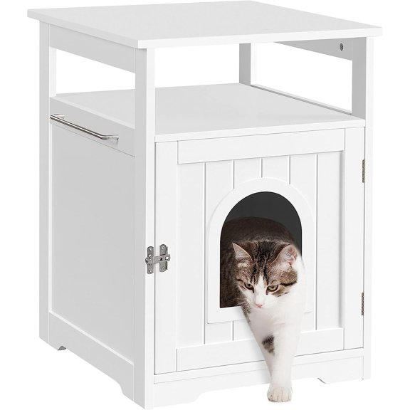 Bilot Cat Litter Box Enclosure, Cat Litter Box Hidden Furniture, Lockable Pet Side Table with Wooden Structure Open Shelf, Decorative Pet House Hidden Washroom for Bathroom/Living Room White