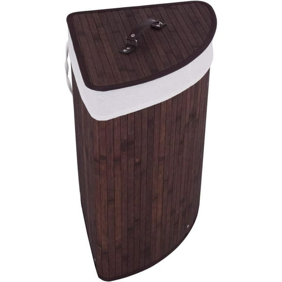 Bilot Corner Bamboo Laundry Hamper with Lid and Removable Liner, Washing Clothes Basket Storage Bin with Handle, Suitable for Bedroom, Bathroom, Laundry (Brown)