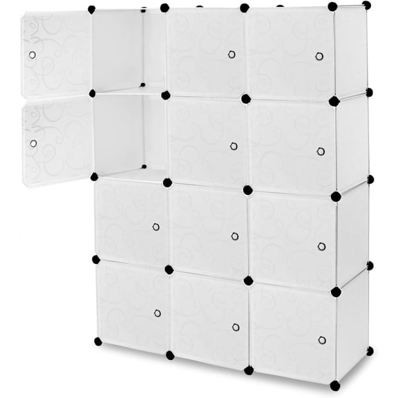 Bilot Cube Storage Organizer - 12 Cubes | Stackable Portable Closet Organizer Shelves, Modular Cabinet with Doors and Hammer, Translucent White, 56" W x 42" H x 14" D