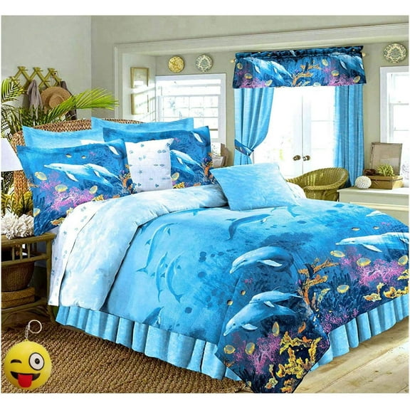 Bilot Dolphins Cove Sea Life Blue Comforter & Sheet Set (6pc Size 66" x 86")