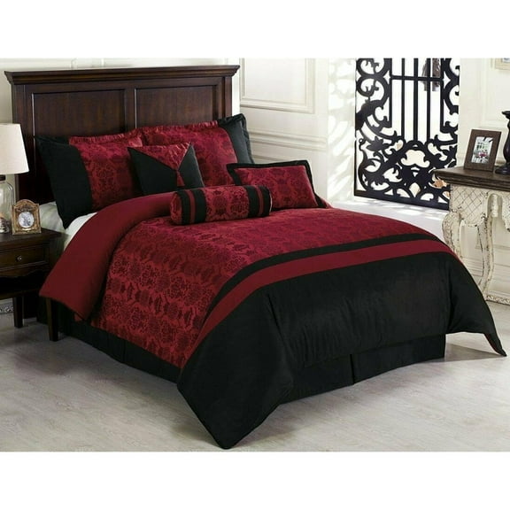 Bilot Dynasty Black Red Jacquard 7-Piece Comforter Set, King Size