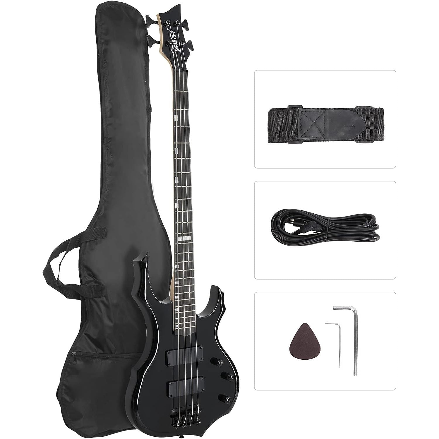 Bilot Electric Bass Guitar 4 Strings Buring Fire Style HH Pickups for Beginner Adults Right Hand Amp Cable, Bag, Strap and Cord (Black)