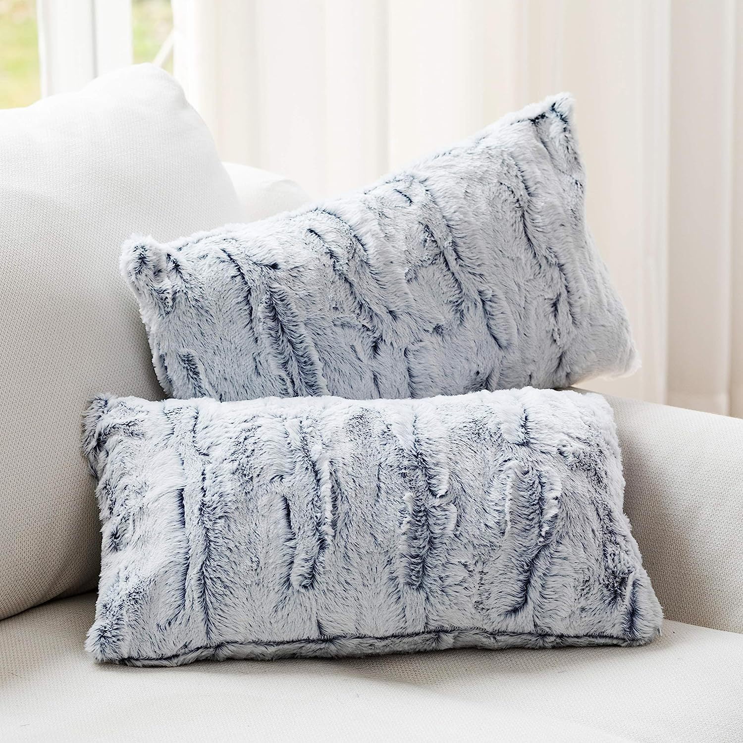 Bilot Embossed Faux Fur Throw Pillows Set of 2 Lumbar Couch Pillows 12 x 20 White Blue Walmart