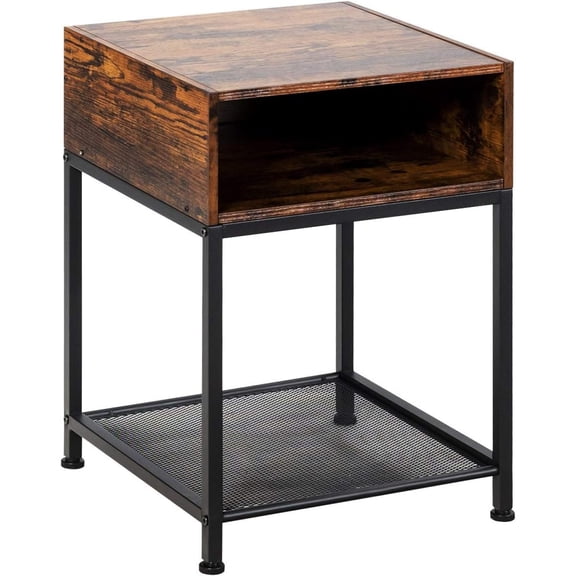 Bilot End Table, Telephone Table with Mesh Shelves & Open Compartment, Wood Look Side Table Accent Furniture Night Stand for Living Room, Bedroom, Home Office (1, Rustic Brown)