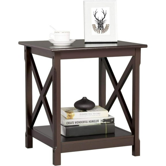 Bilot End Table in X-Design, Wood Sofa Side Table with Storage Shelf for Living Room, Espresso, Dark Coffee