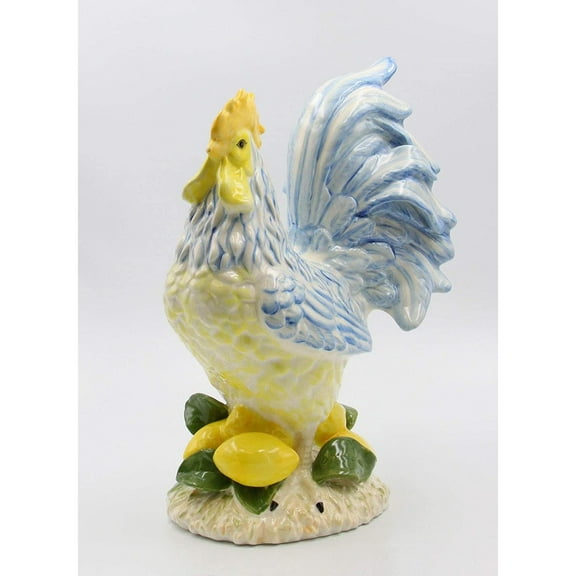 Bilot Fine Ceramic Lemon Hill Country Blue Rooster with Lemon Figurine, 15-1/4" H