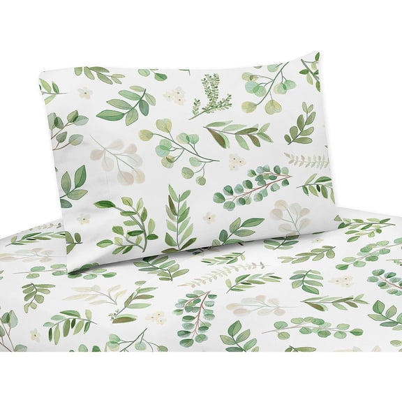 Bilot Floral Leaf Queen Sheet Set - 4 Piece Set - Green and White Boho Watercolor Botanical Woodland Tropical Garden
