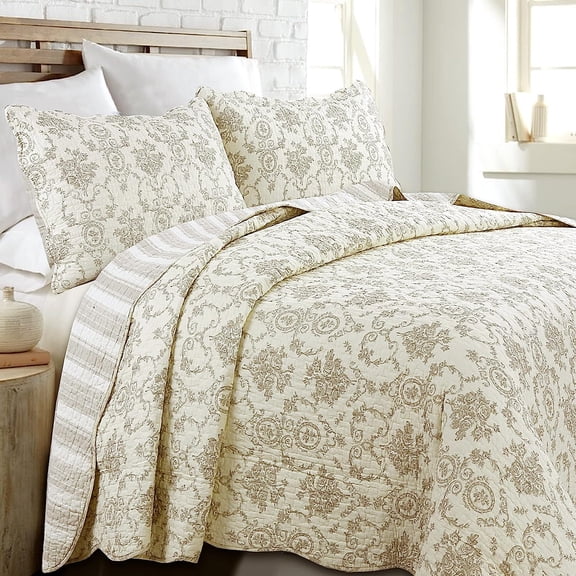 Bilot French Medallion 100% Cotton Bedding Quilt Set, Beige Ivory Rose Flower Reversible Coverlet Bedspread (Cream Eggnog, Queen -3 Piece)