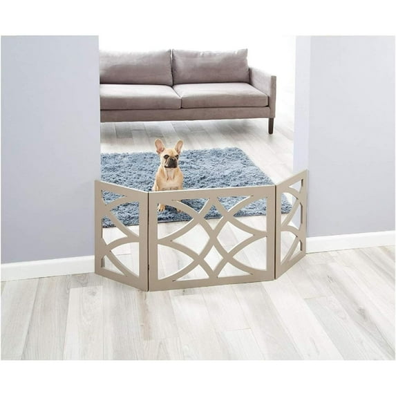 Bilot Gray Wooden Curves Design 3 Panels Pet Gate -19 Inches Tall Expands Up to 48'' Freestanding Tri Fold Durable Wooden Dog Fence-Indoor/Outdoor Pet Barrier for Stairs,Doorways