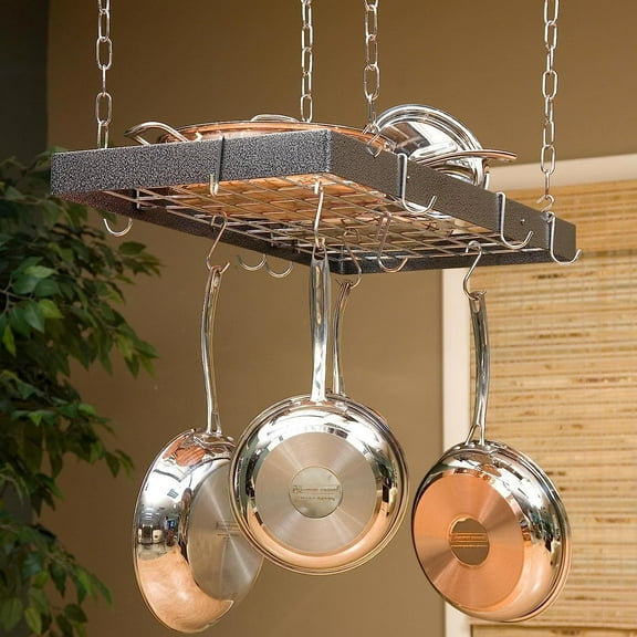 Bilot Hammered Steel Rectangular Pot Rack with Grid and Chrome Accessories 30-in.