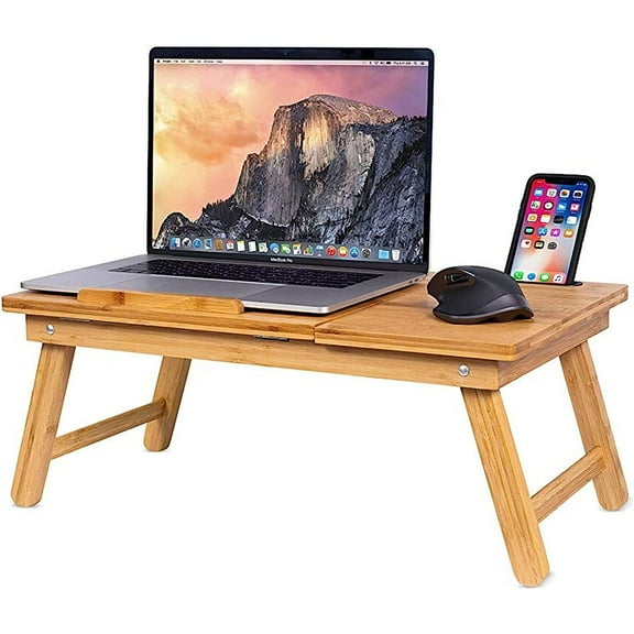 Bilot Laptop Bed Tray with Multi-Position Adjustable Tilt Surface | Pull Down Legs and Storage Drawer | Fits Laptops Up to 15" | Slot for Up to 9.6" | Phones Up to 4" | Natural