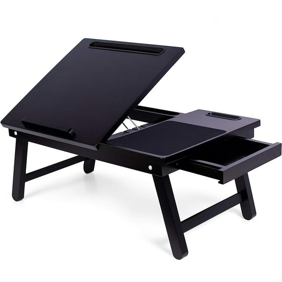 Bilot Laptop Bed Tray with Storage Drawer and Tilt Surface | Folding Legs and Mouse Pad | Fits Laptops Up to 15" | Slot for Up to 9.6" | Phones Up to 4" | Espresso