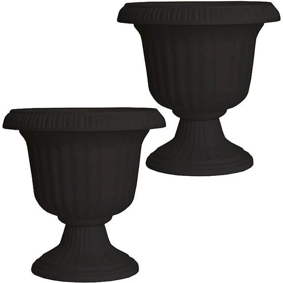 Bilot Large 14 Inch Outdoor Garden Lightweight Utopian Urn Planter with UV-Coated Finish for Entryways, Walkways, and More, Black (2 Pack)