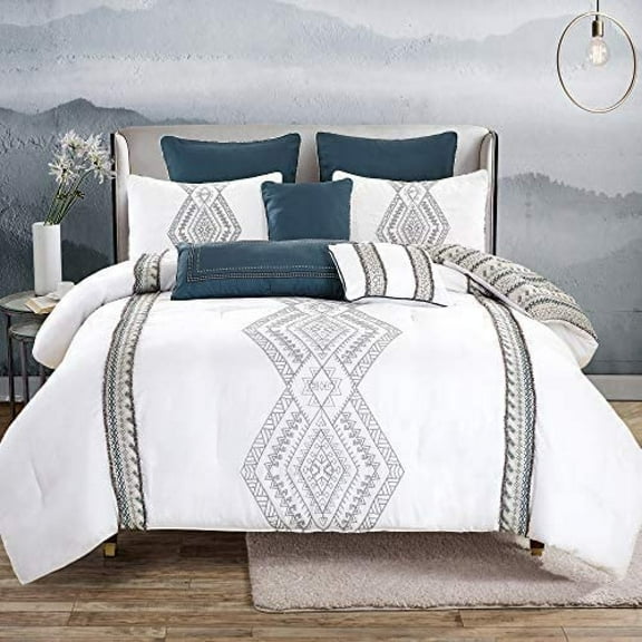 Bilot Luxury 8 Piece King/California-King Comforter Set with Shams and Cushions, Classy White Gray Navy Unique Pattern, Bed Cover Bed in a Bag, (21862, King/Cal-King)