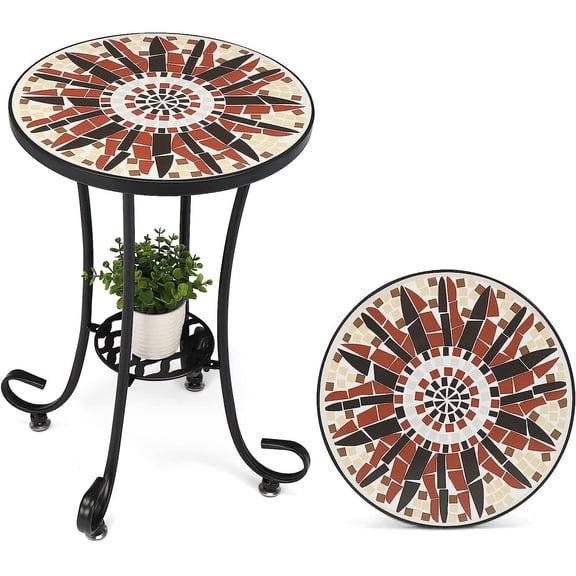 Bilot Mosaic Outdoor Side Table, 14" Round End Table, Accent Table, Ceramic Tile Top Black Iron,Brown Flower