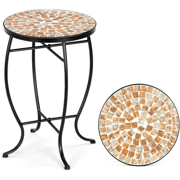 Bilot Mosaic Outdoor Side Table, 14" Round End Table, Accent Table, Plant Stand Ideal for Pool Side, Porch, Patio, Deck or Sofa Side, Glass Top Black Iron, Golden Yard