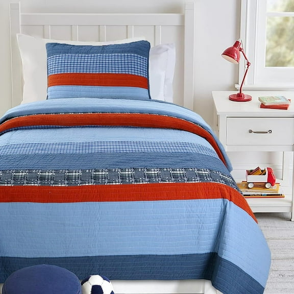 Bilot Navy Blue Red Striped Boy 100% Cotton Reversible Quilt Bedding Set, Coverlet, Bedspread (Varsity, - 2 Piece)