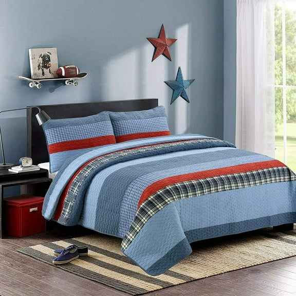 Bilot Navy Blue Red Striped Boy 100% Cotton Reversible Quilt Bedding Set, Coverlet, Bedspread (Varsity, Queen - 3 Piece)