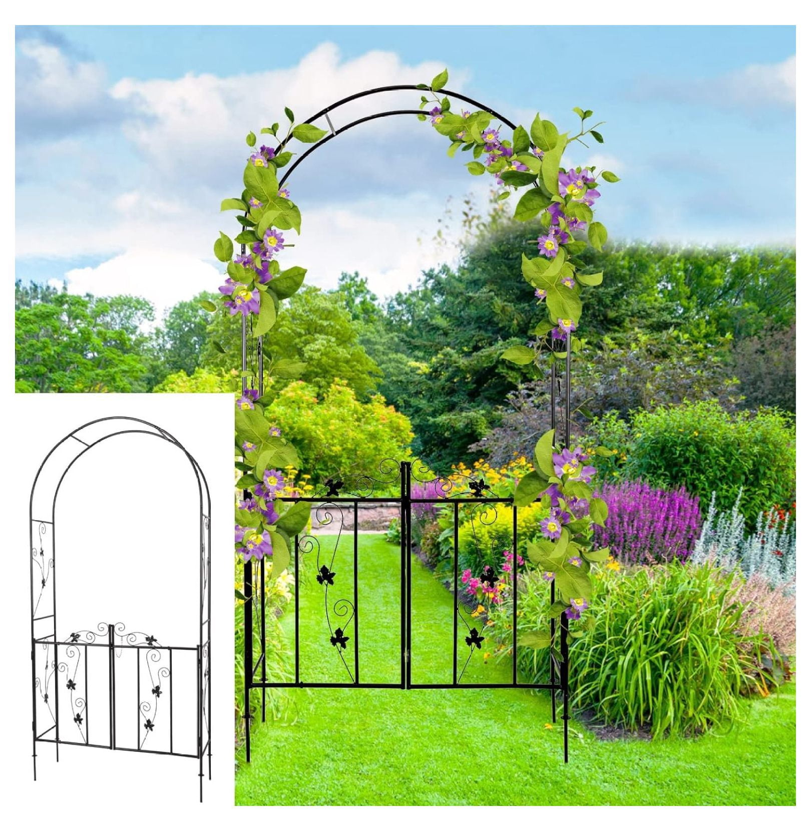 Bilot Outdoor Garden Arch with Gate - Metal Arbor Trellis Garden ...