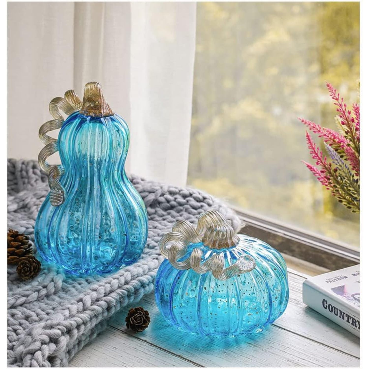 Bilot S/2 Blue Hand Blown Glass Pumpkin Table Accent Fall Ornaments ...